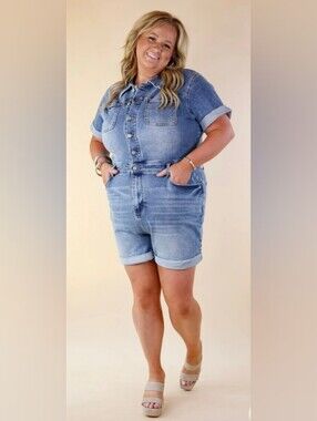Judy Blue Backroad Song Medium Blue Denim Romper